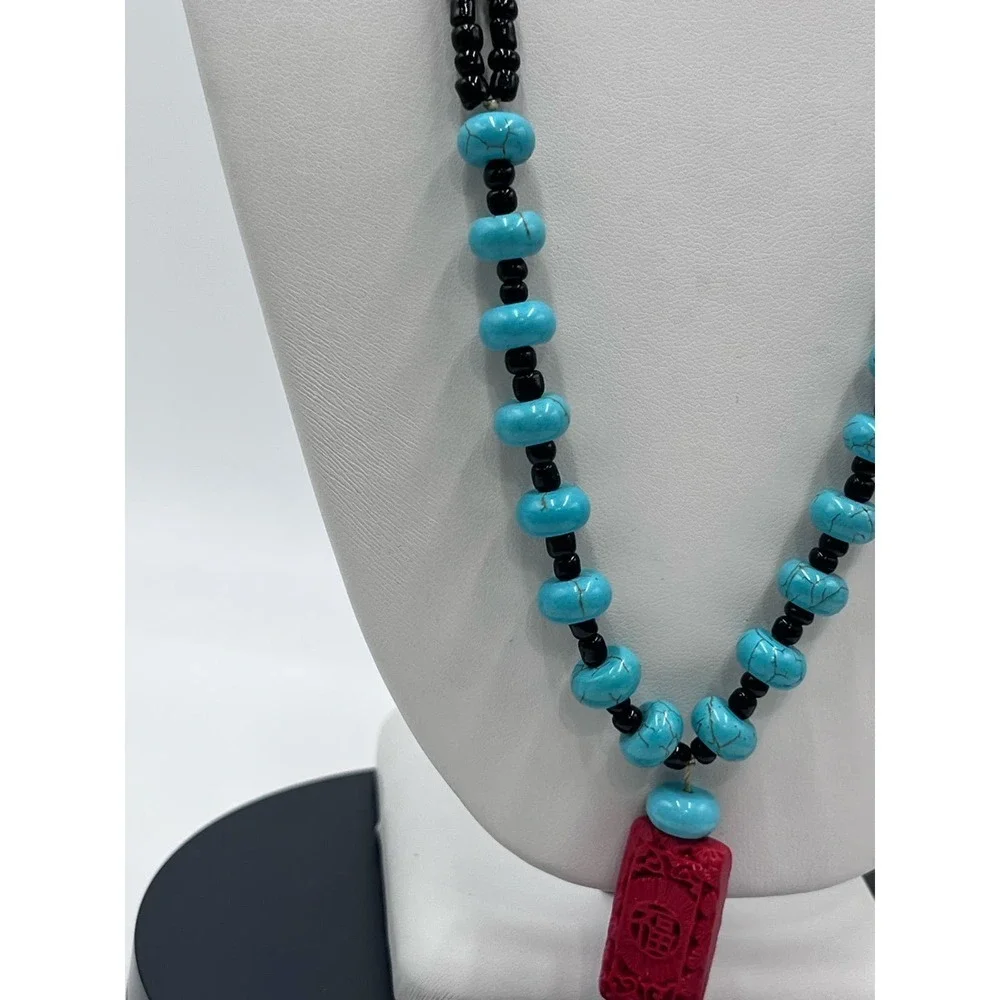 Blue Turquoise Beads and Red Cinnabar‎ Pendant Necklace